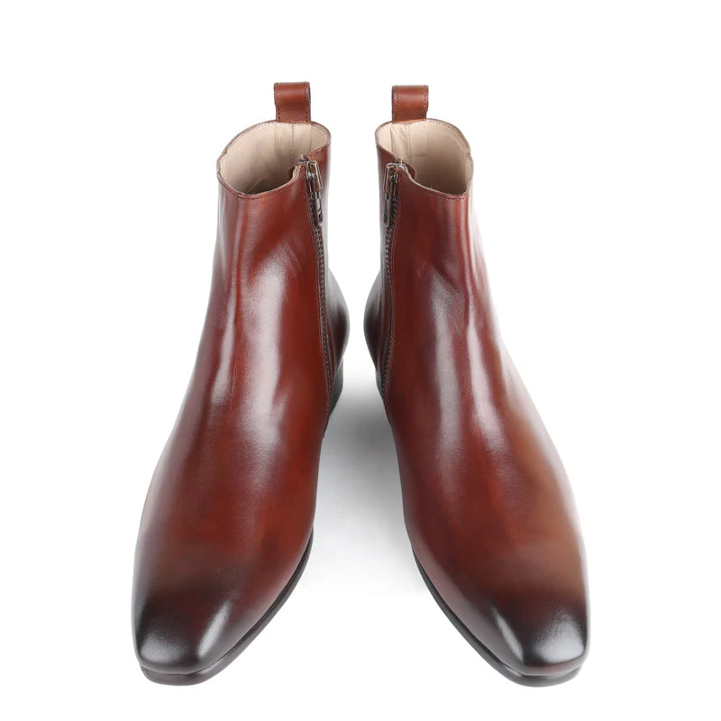Classic Square Toe Leather Side Zipper Brown Boot