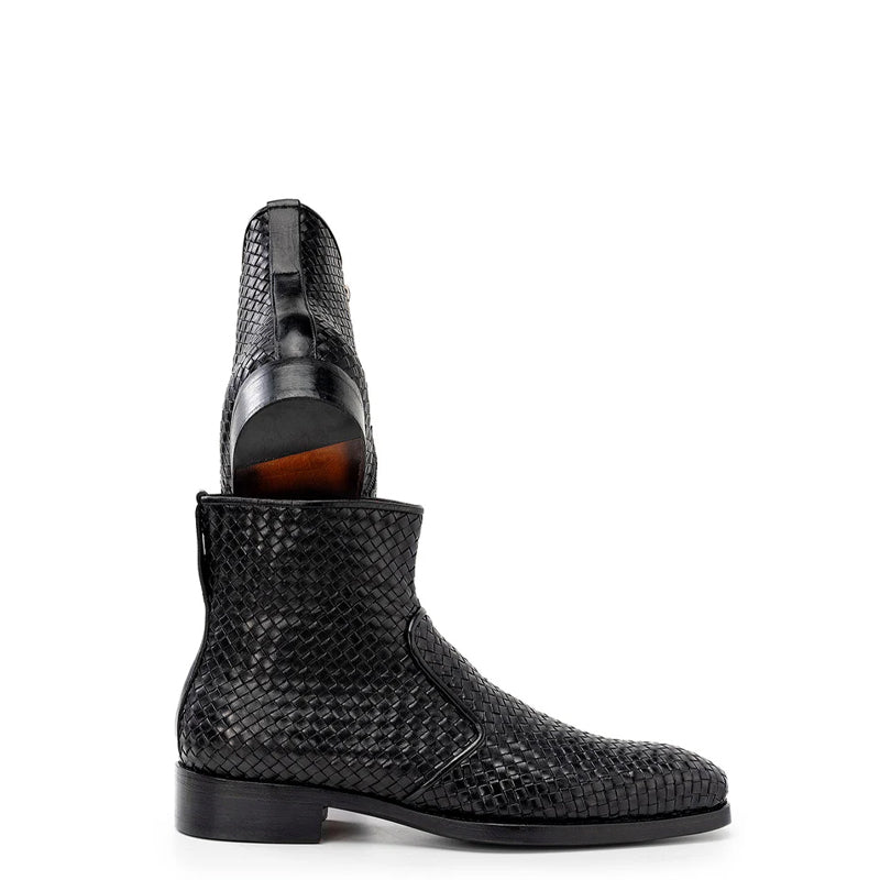 Luxury Stylish Woven Leather Side Zipper Boot Brown