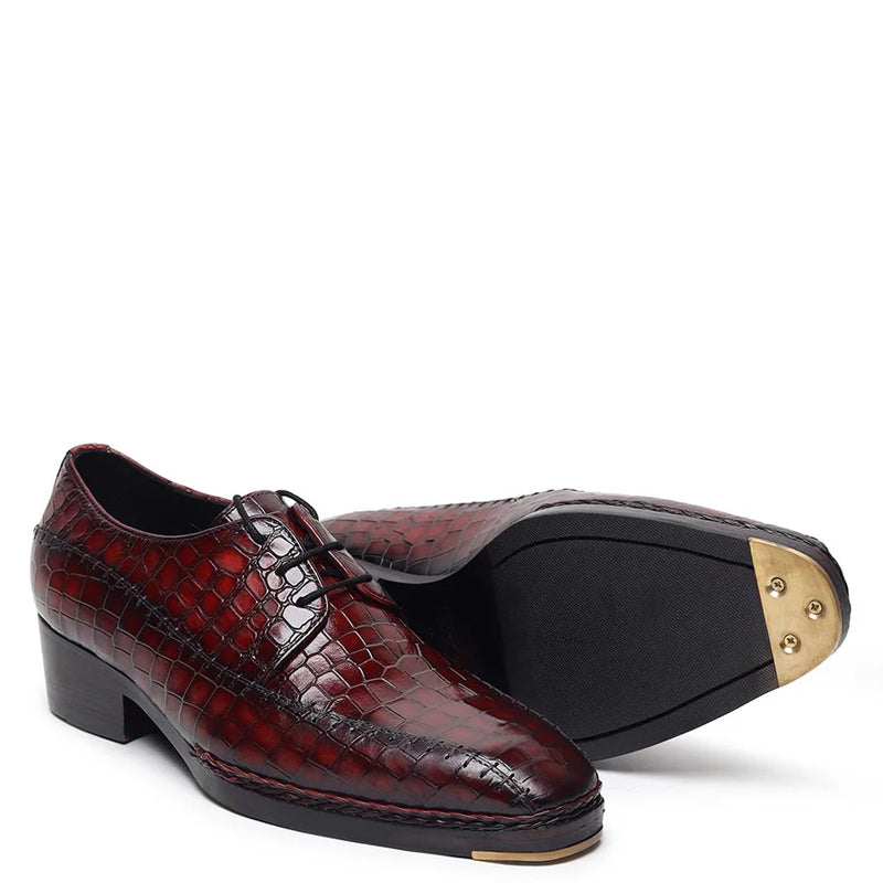 Croco Mirror Glossed Patina Leather Derby Shoe Burgundy