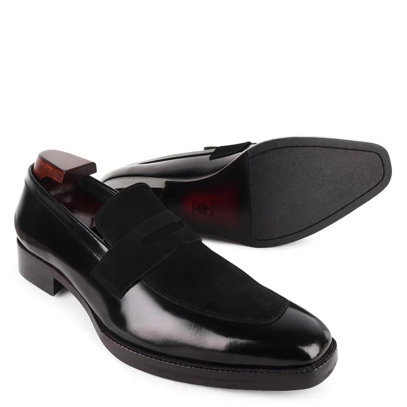 Suede Square Toe Shiny Leather Penny Loafer Black