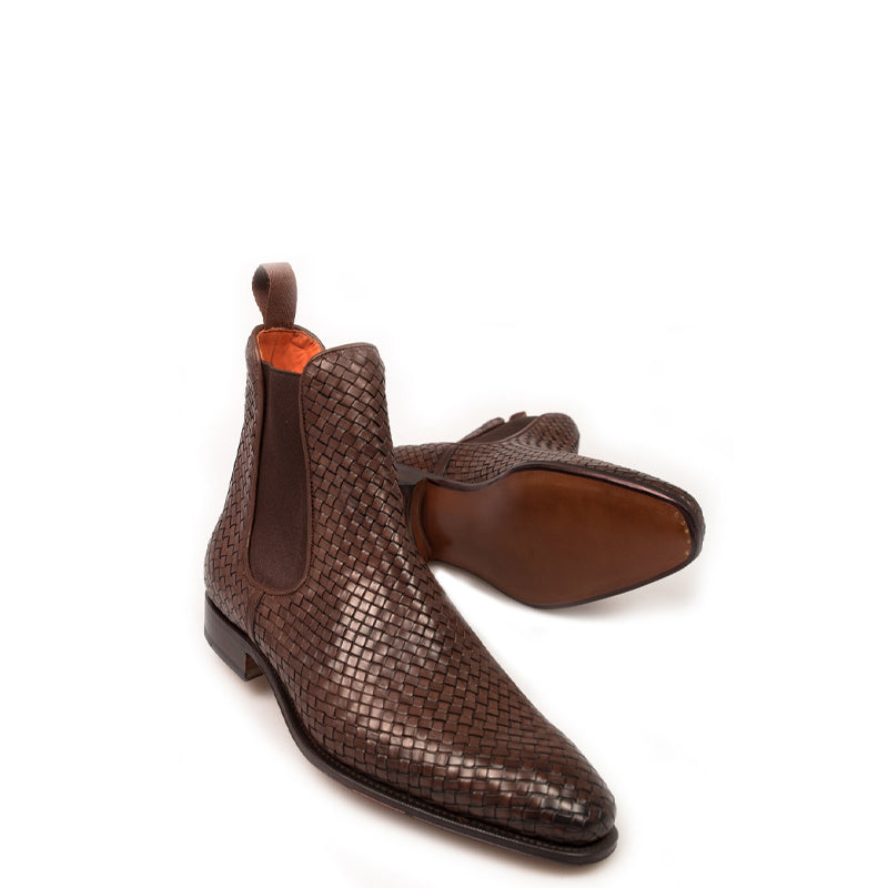 Men Handmade Woven Leather Stylish Chelsea Brown Boot