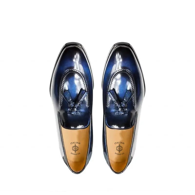 Shiny Leather Pure Tassel Blue Loafer