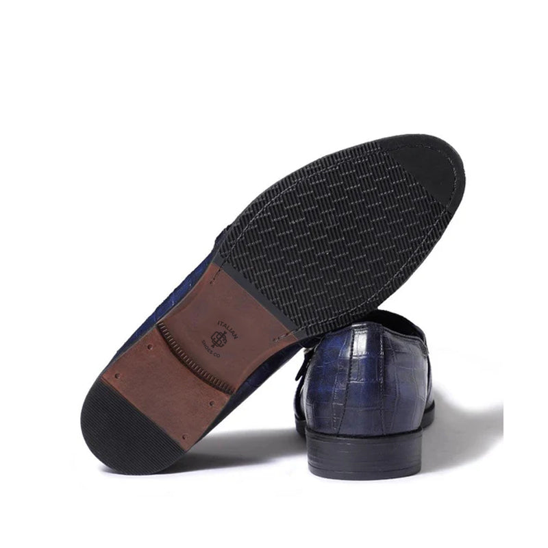 Croco Textured Leather Blue Loafer With Side Buckle