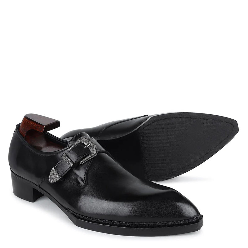 Plain Leather Single Monk Black Shoe With Side Buckle