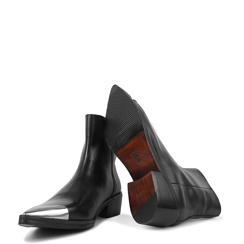 Metallic Toe  Premium Leather Side-Zipper Black Boot