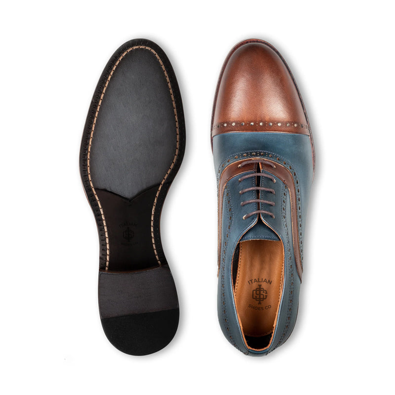 Classic Handpainted Cap-Toe Leather Blue/Brown Oxford Shoe