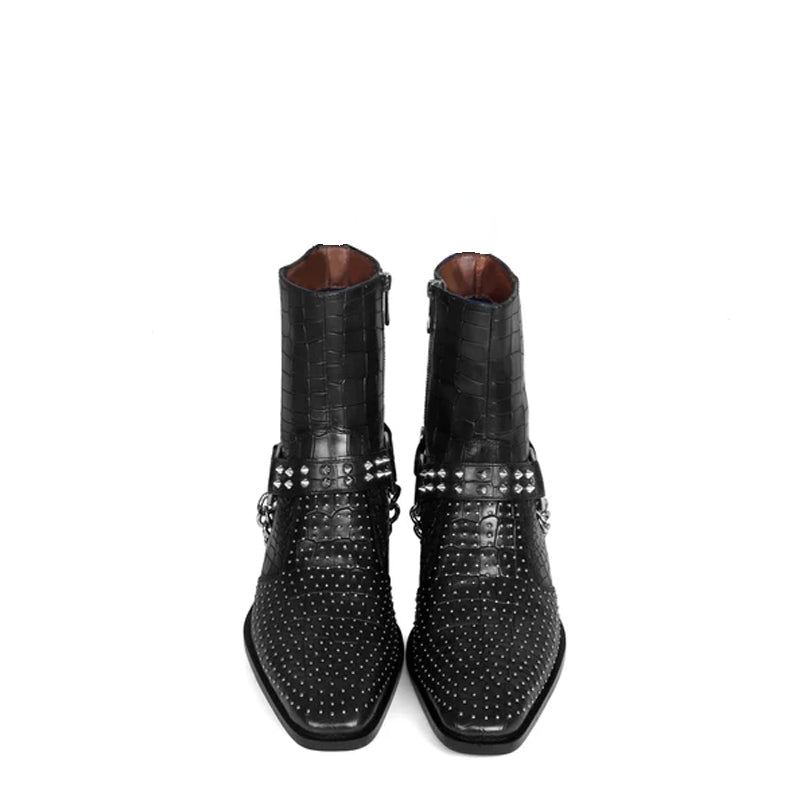 Croco With Silver Studded Buckle Side-Zipper Chain Boots