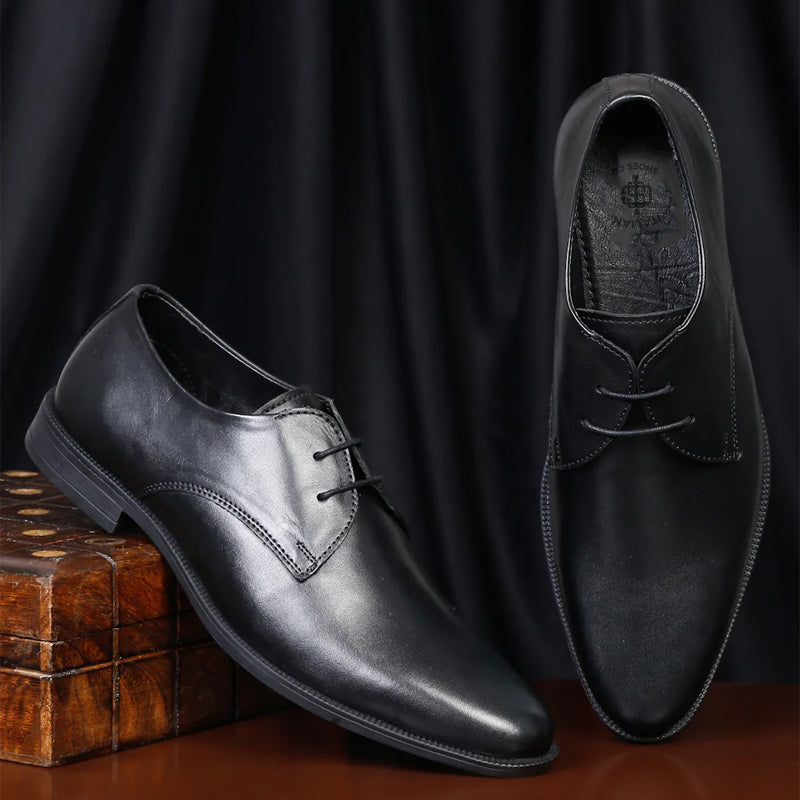 Leather Lace-Up Solid Derby Black Shoe