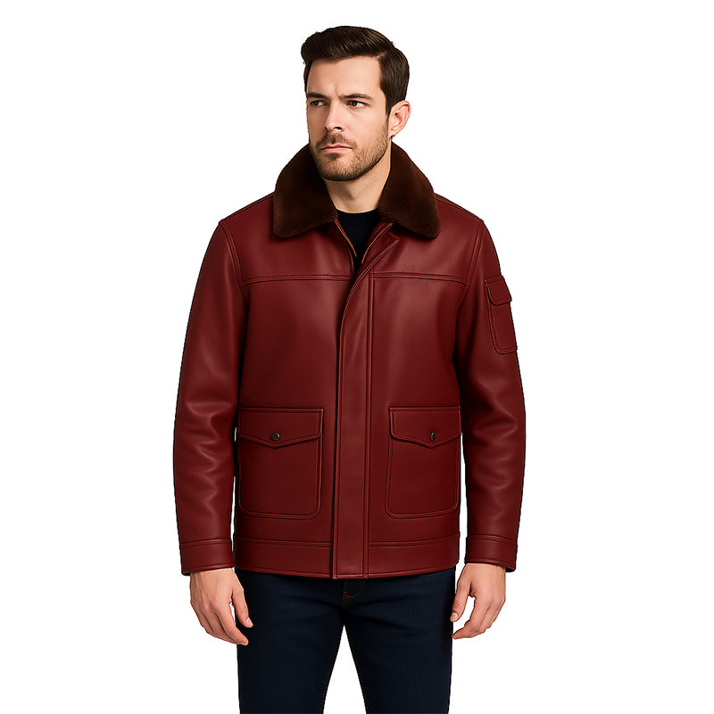 Men's Luxurious Burgundy Front Pocket Jacket with Fur Collar