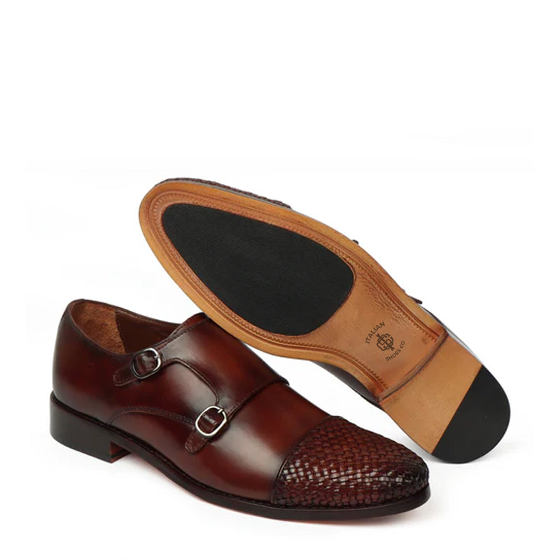 Double Monk Woven Leather Cap-Toe Black Shoe