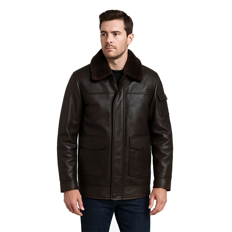 Men's Luxurious Burgundy Front Pocket Jacket with Fur Collar