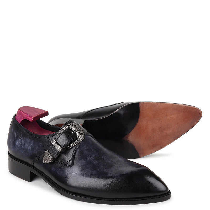 Plain Leather Single Monk Black Shoe With Side Buckle
