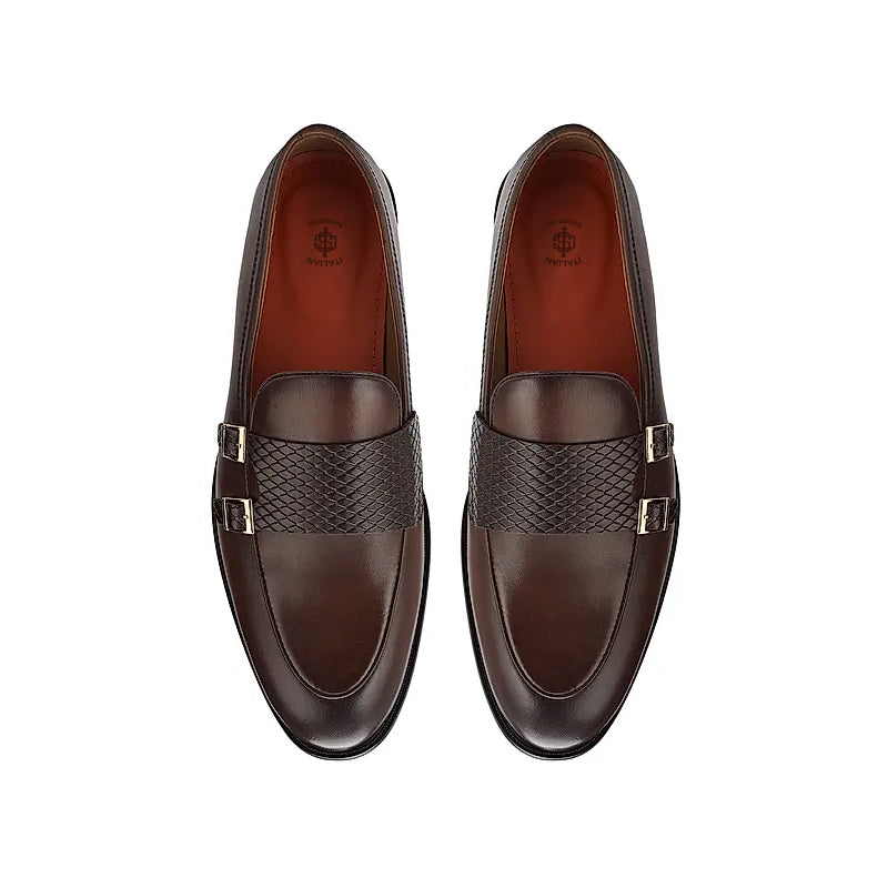 Polished Leather Textured Formal Double Monk Shoe Brown