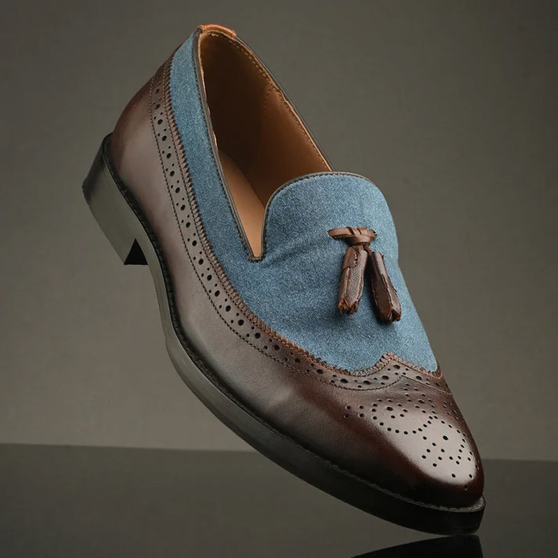 Upper Suede Wingtip Leather Tassel Brown and Blue Loafer