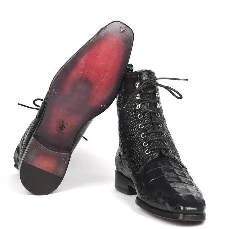 Men Croco Embossed Leather Lace-Up Ankle Boots