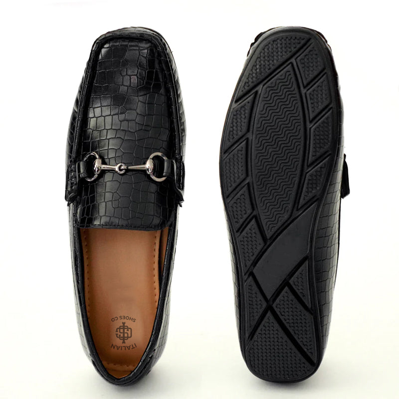 Croco Pattern Leather Horsebit Buckled Black Loafer