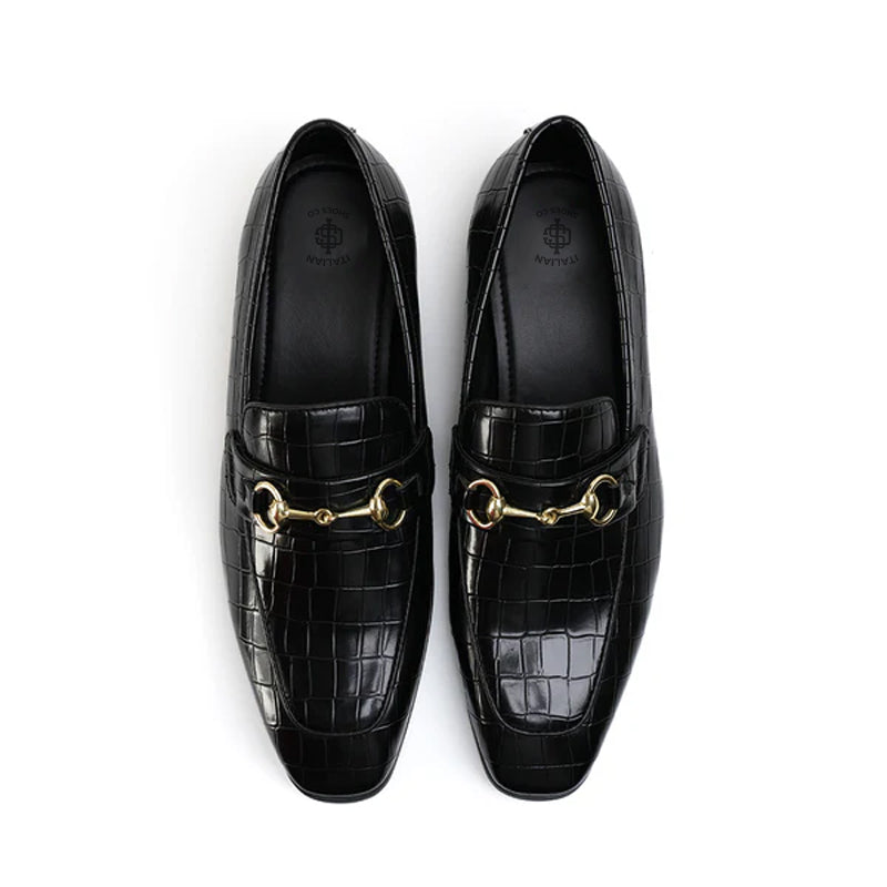 Croco Effect Leather Horsebit Buckled Black Loafer