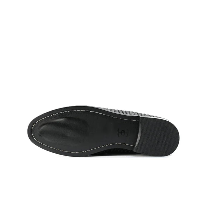 Woven Slip-On Leather Black Loafer For Men