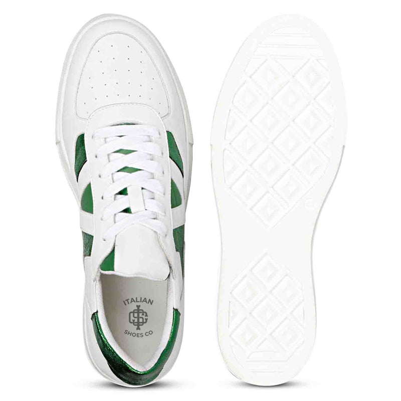 Leather Handcrafted White and Green Sneaker For Men