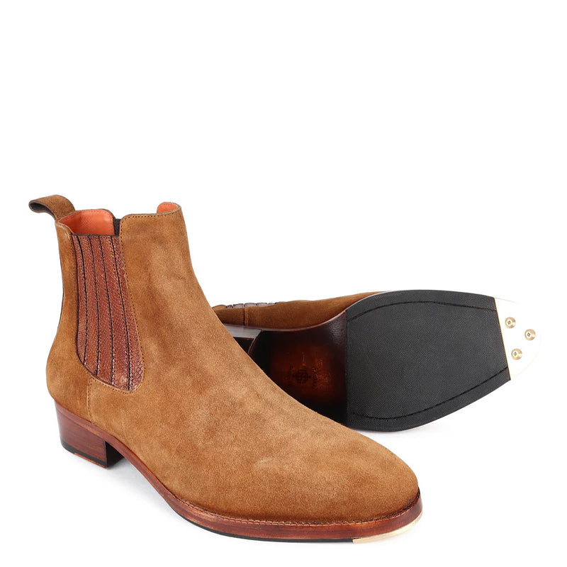 Suede Modern Chelsea Tan Boot With Leather Elastic