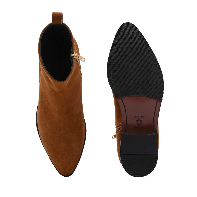 Suede Leather High Heel Side-Zipper Boot Tan