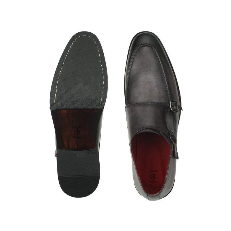 Classic Solid Leather Double Monk Shoe Grey