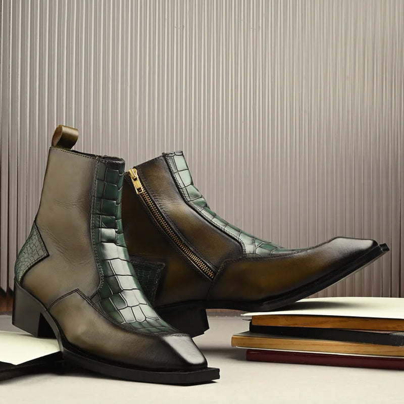Luxury Croco Textured Leather Side-Zipper Boot Green and Brown