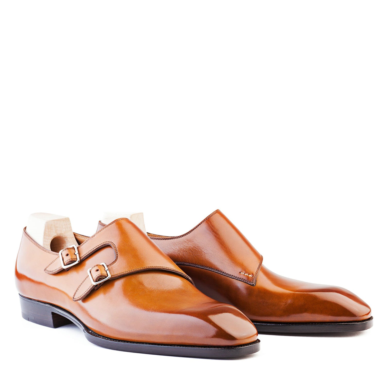 Classic Shiny Leather Double Monk Strap Tan Shoe