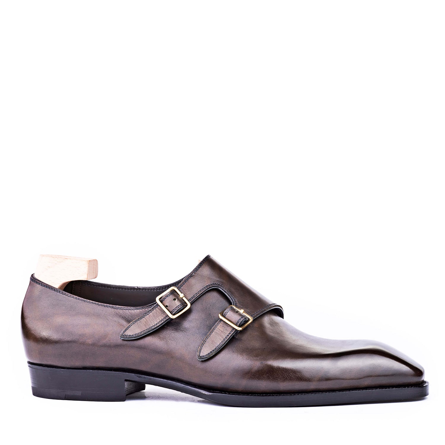 Classic Shiny Leather Double Monk Strap Dark Brown Shoe