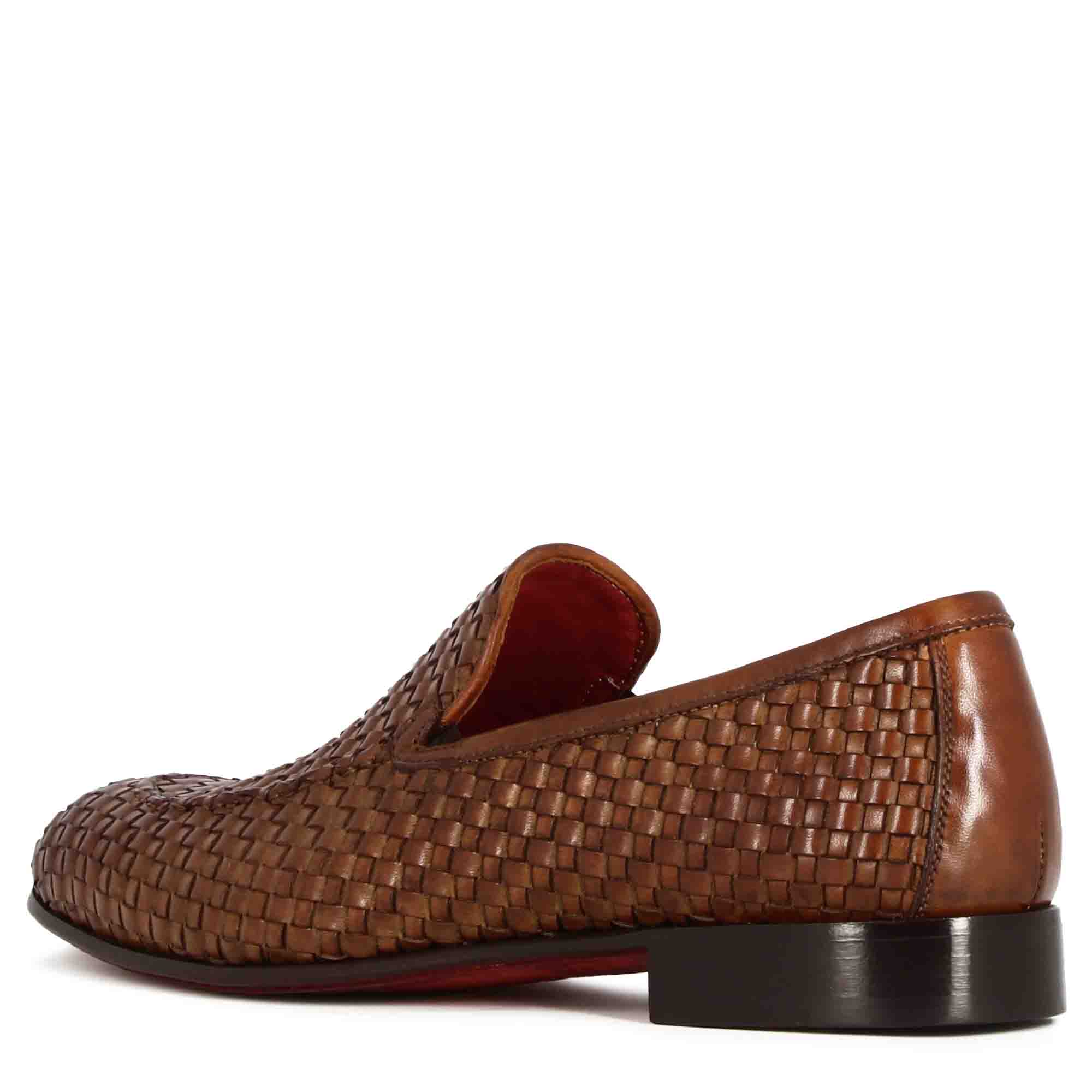 Light Brown Woven Leather Loafers Rubber Sole 5/39