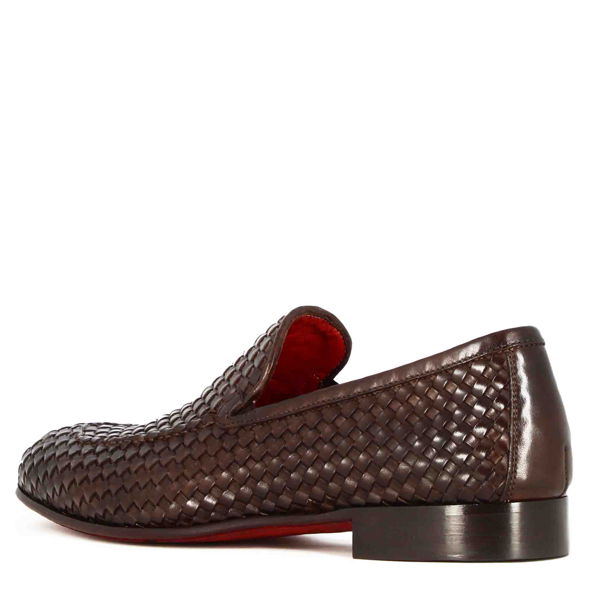Dark Brown Woven Leather Moccasin