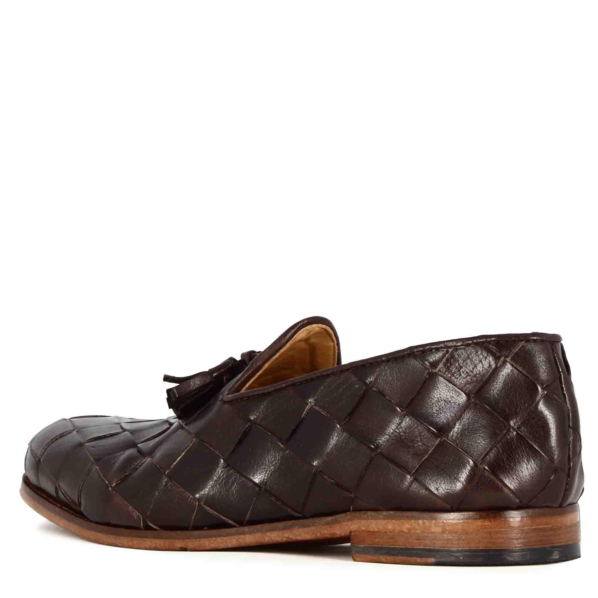 Dark Brown Woven Leather Loafers