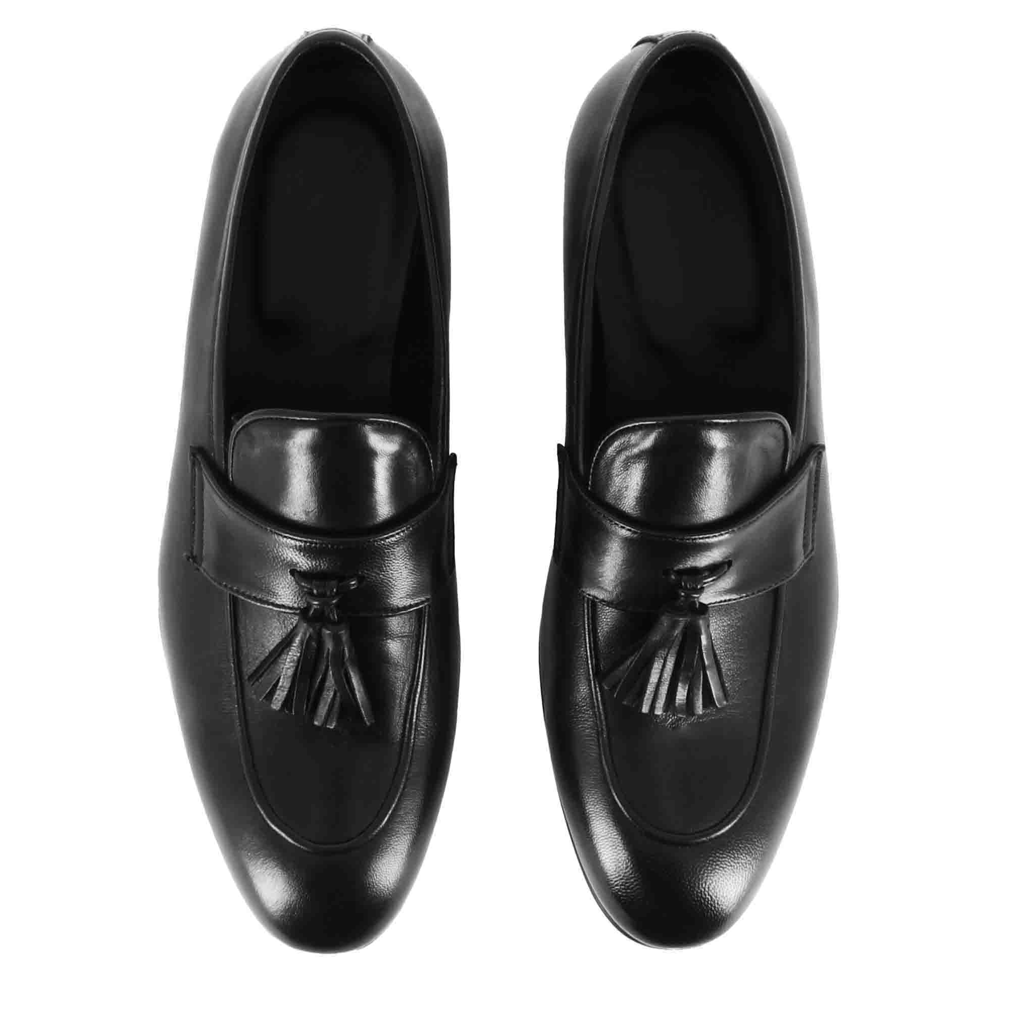 Soft Black Leather Tassels Loafers