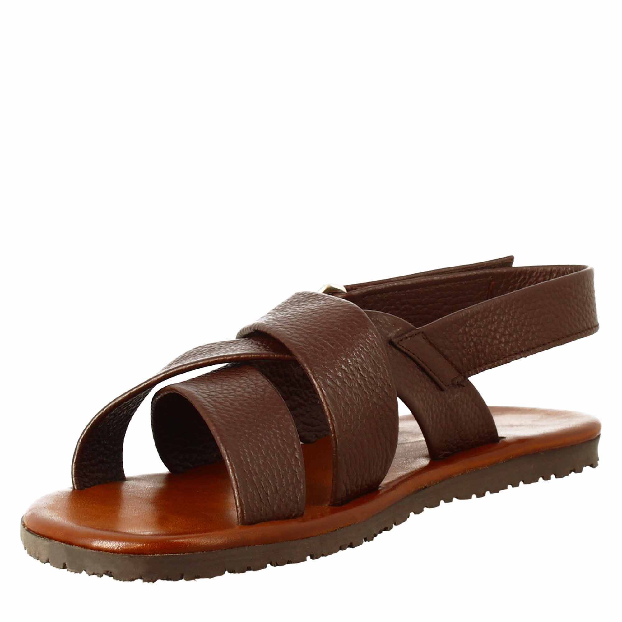Men's sandals in Brown leather with velcro closure