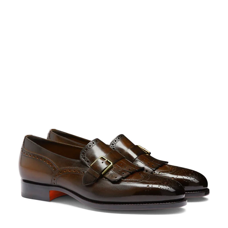 Handmade Leather Single Buckle Brown Loafer With Fringe