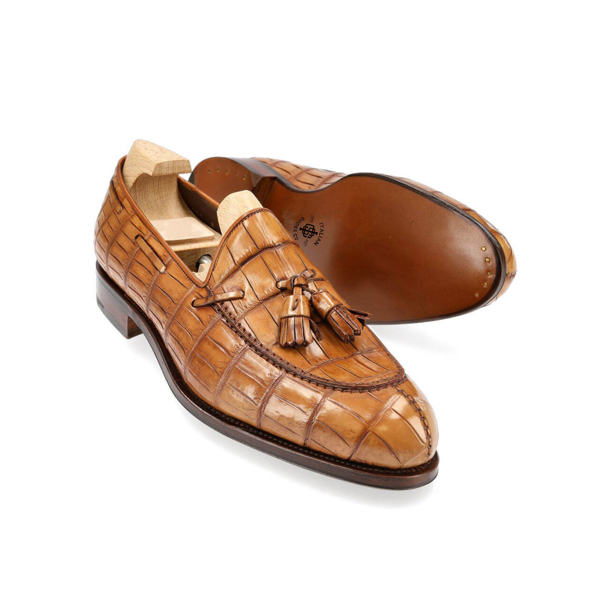Tan Alligator Tassel Loafers