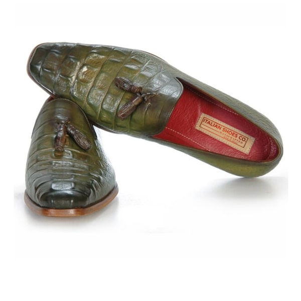 Embossed Leather Green Tassel Loafer