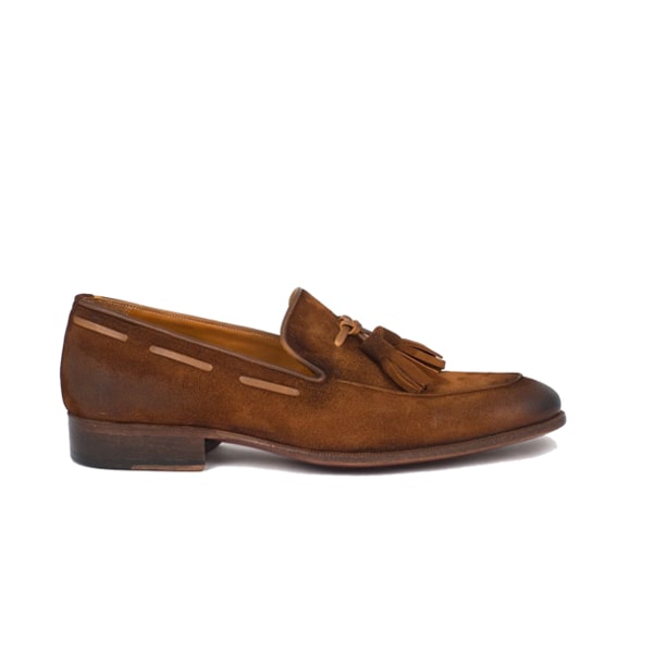 Suede Tassel Loafer in Tan Hand Colored Leather