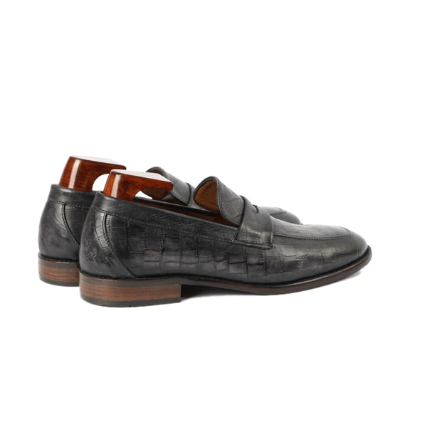Embossed Grey Leather Penny Loafer