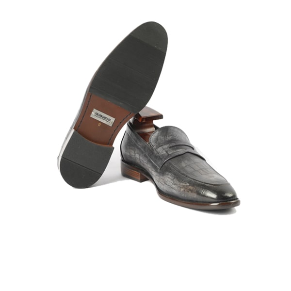 Embossed Grey Leather Penny Loafer