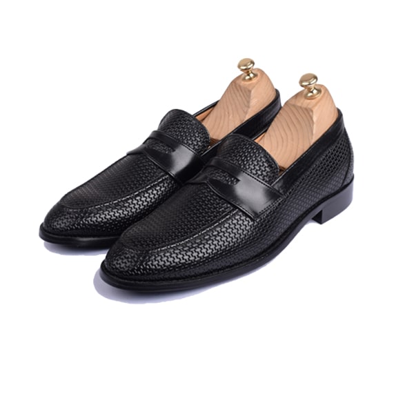 Penny Weaved Black Hand Colored Leather Loafer