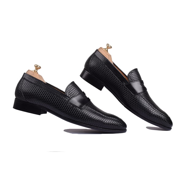 Penny Weaved Navy Blue Hand Colored Leather Loafer